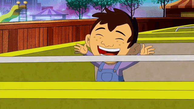 a boy in blue overalls is laughing in a cartoon scene