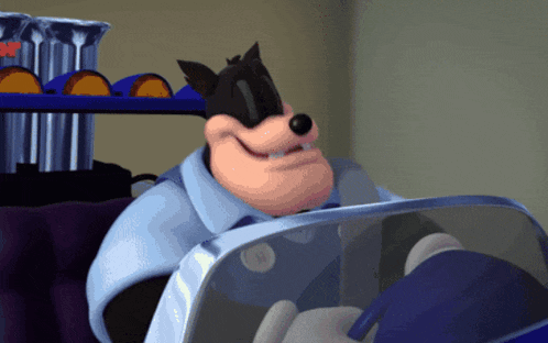 a cartoon character is driving a car with a sign that says disney on it