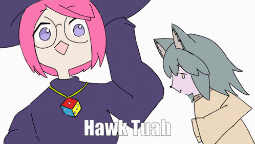 a cartoon drawing of a girl with a necklace that says hawk tuah