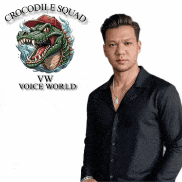 a man is standing in front of a crocodile squad logo