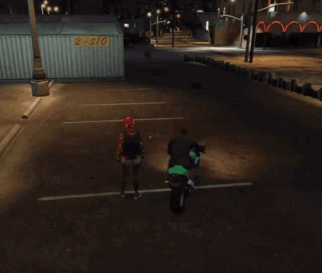 a video game is being played in a parking lot with a sign that says 2 $ 10