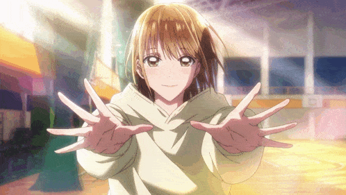 a girl with her arms outstretched in front of a basketball hoop