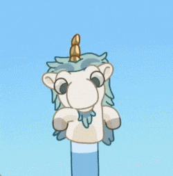 a cartoon of a unicorn with a blue mane and a gold horn