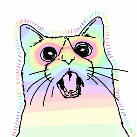 a colorful drawing of a cat with its mouth open and a surprised look on its face .