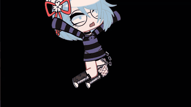 a girl with blue hair is wearing a purple and black striped shirt and black shoes