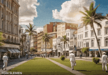 an artist 's impression of a city with the name tom slemen on the bottom right