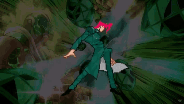 a pixel art of a man with red hair and a green suit