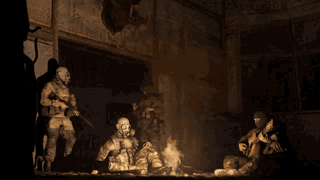 a group of soldiers are sitting around a fire in a room with the word recently written on the wall