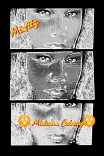 a black and white drawing of a woman 's face with the words misfits misfits fakery