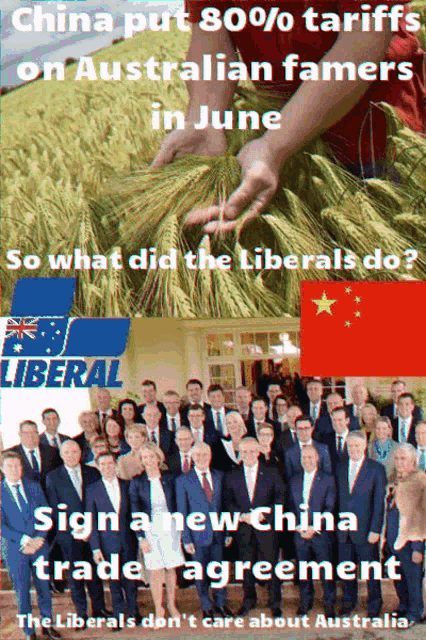 a poster that says china put 80 % tariffs on australian farmers in june