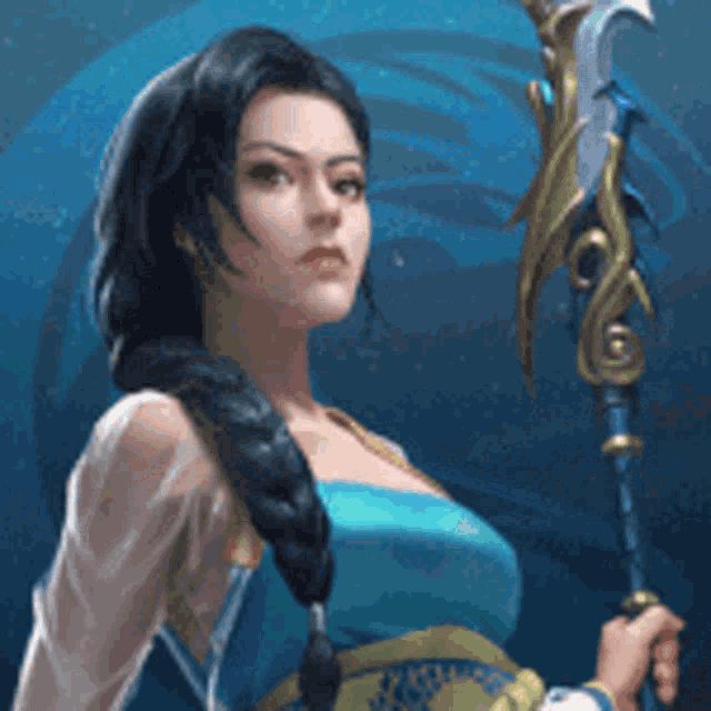 a woman in a blue dress is holding a spear