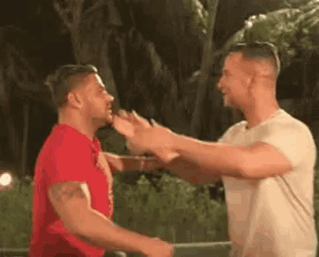 two men are standing next to each other and having a fight .