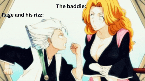 a man and a woman are standing next to each other with the words the baddie rage and his rizz written above them