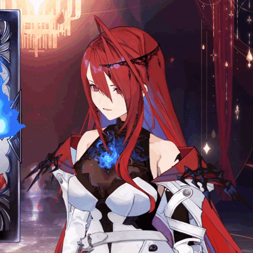 a woman with red hair and white gloves is standing in front of a chandelier