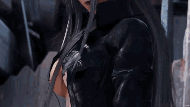 a woman with long gray hair is wearing a black jacket and choker