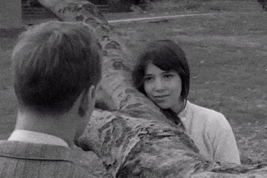 a man and a woman are standing next to a tree trunk .
