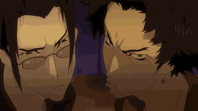 two anime characters are looking at each other with their eyes closed