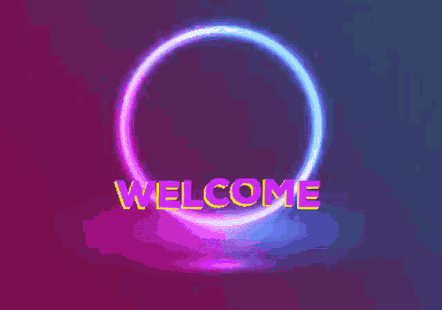 a neon sign that says " enjoy welcome " in a circle
