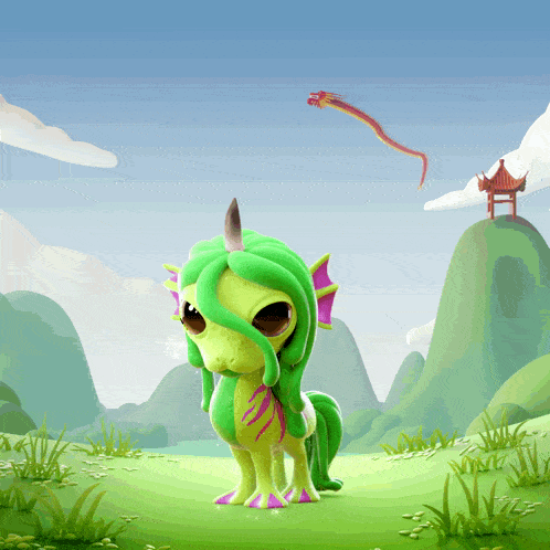 a cartoon drawing of a green unicorn with a dragon flying in the background