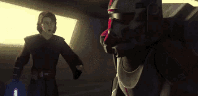 a man in a star wars costume is standing next to a clone trooper holding a lightsaber .