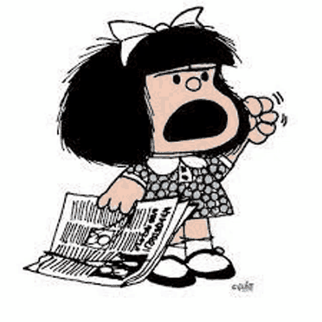 mafalda is a cartoon character holding a newspaper .