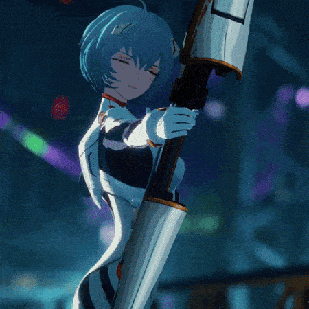 a girl with blue hair and red eyes is holding a large sword