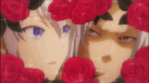 two anime characters are surrounded by red roses and one has a blue eye