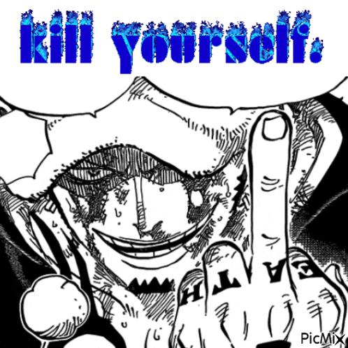 a drawing of a man giving the middle finger with the words kill yourself