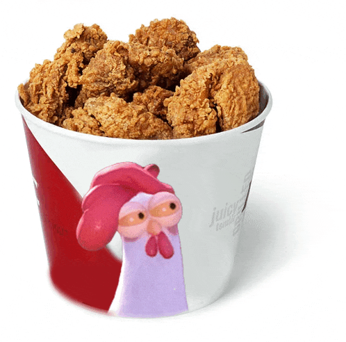 a bucket of fried chicken has a picture of a chicken on it that says juicy family