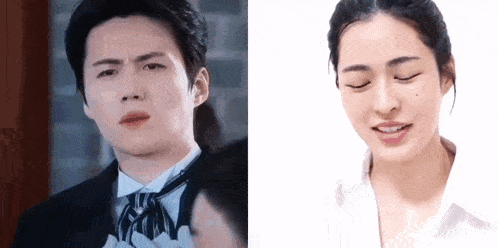 a man in a suit and tie and a woman in a white shirt are making funny faces .