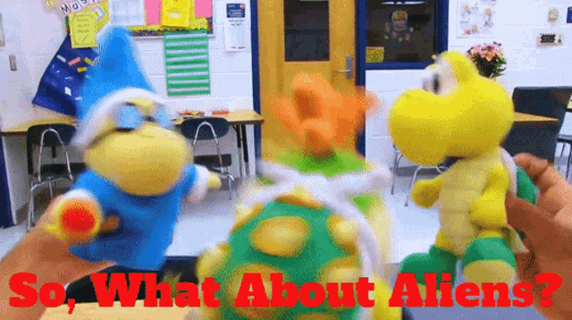 three stuffed animals in a room with the words so what about aliens on the bottom
