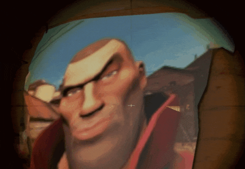 a close up of a cartoon character 's face with a cross pointing at it