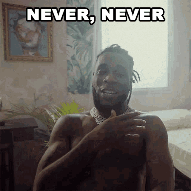 a shirtless man in a bedroom with the words " never never " above him