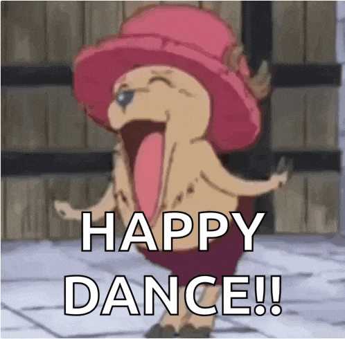 a cartoon character is dancing with the words `` happy dance '' written below it .
