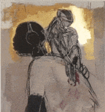 a painting of a woman wearing headphones and a man holding a knife