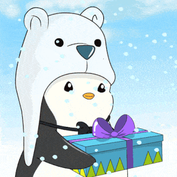 a penguin wearing a polar bear hat holds a gift box