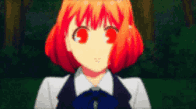 a girl with red hair and red eyes is wearing a white shirt and a blue bow tie .