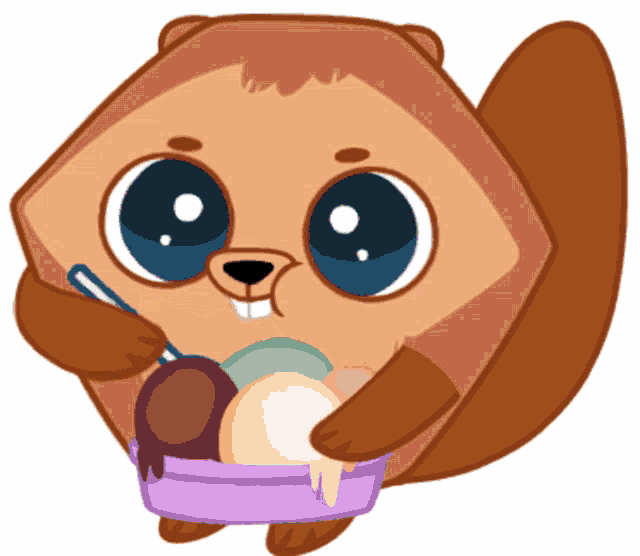 a cartoon squirrel is holding a bowl of ice cream