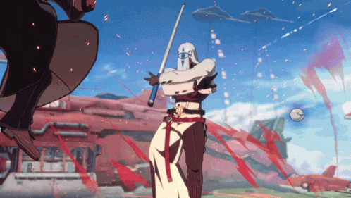 a video game character is holding a sword and a shield