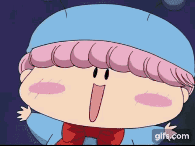 a cartoon character with pink hair and a red bow tie