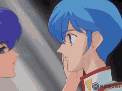 a blue haired anime character is touching another character 's face