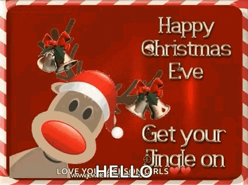 a christmas card with a monkey wearing a santa hat and bells
