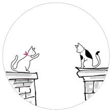a couple of cats are sitting on a balcony with hearts flying around them