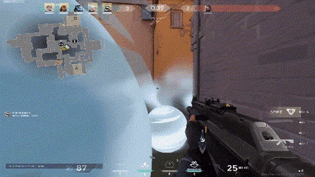 a screenshot of a video game with a person holding a gun in front of a building .