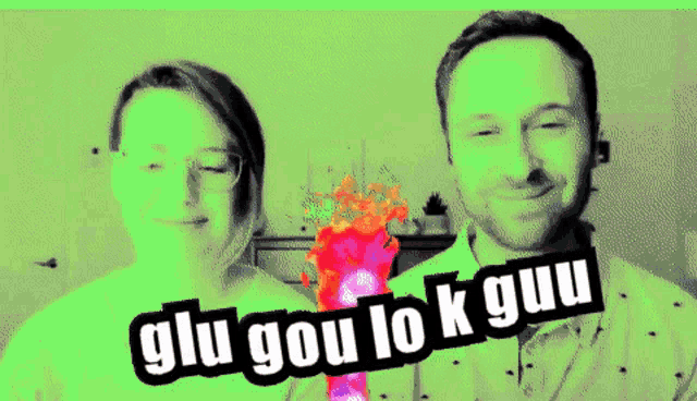 a man and a woman are standing next to each other with the words glu gou lo k gou written on the bottom