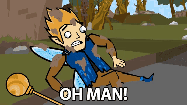 a cartoon of a fairy laying on the ground with the words oh man written below him