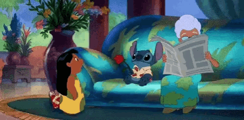a cartoon of stitch giving a rose to a woman while an older woman reads a newspaper