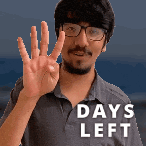 a man wearing glasses and a shirt that says days left shows his hand