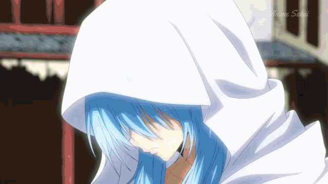 a blue haired anime character wearing a white hoodie