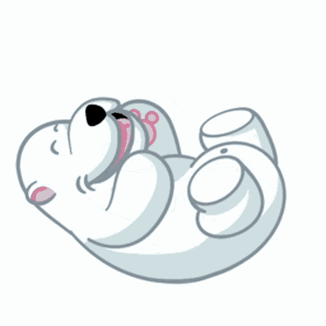 a polar bear is laying on its back and laughing .
